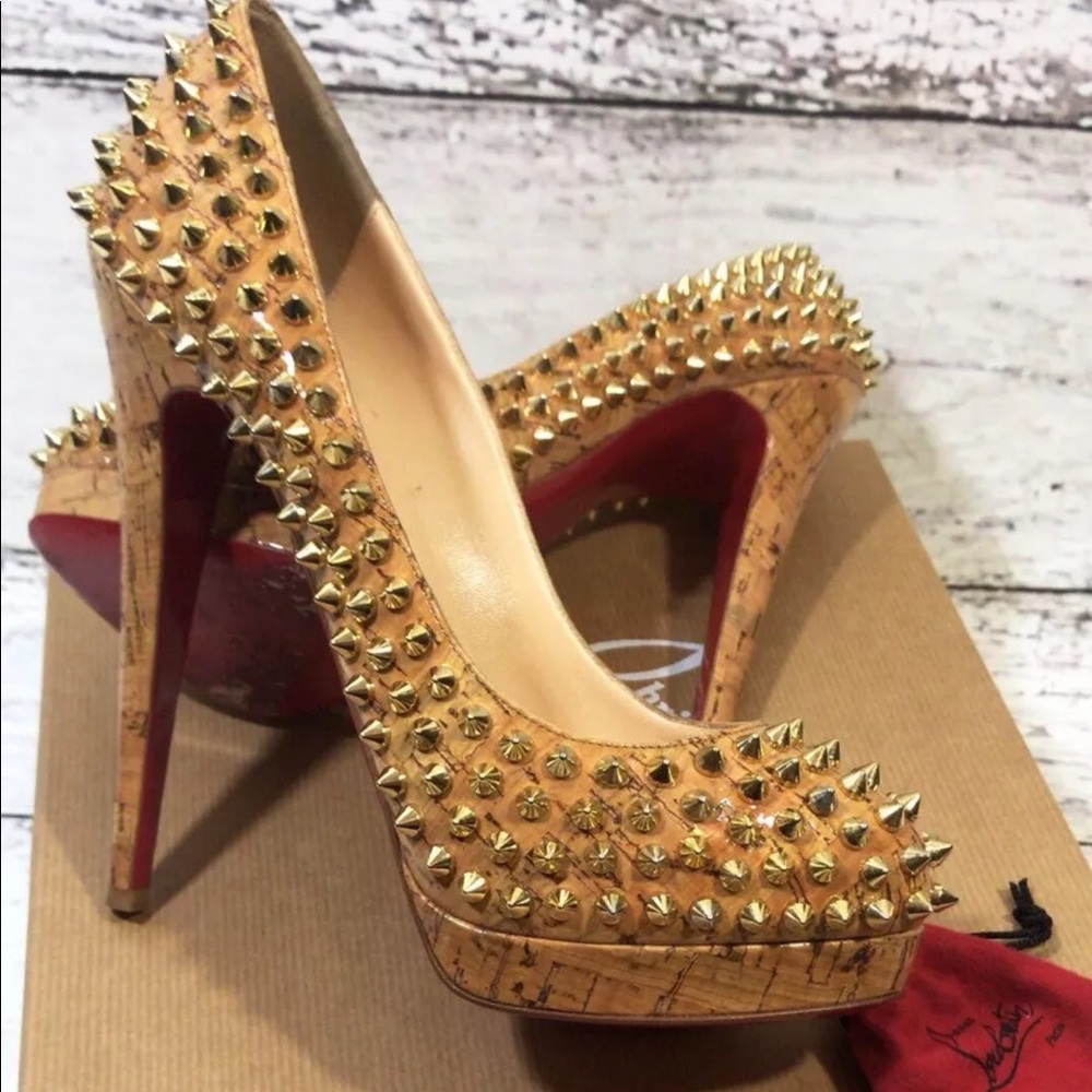 Christian Louboutin Tan Platform Heels with Gold Spikes